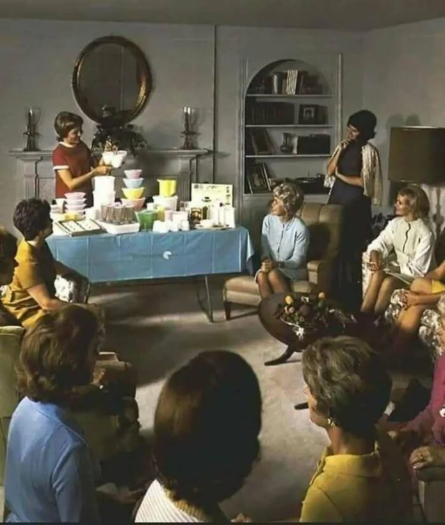 A 1970s Tupperware party in a suburban living room